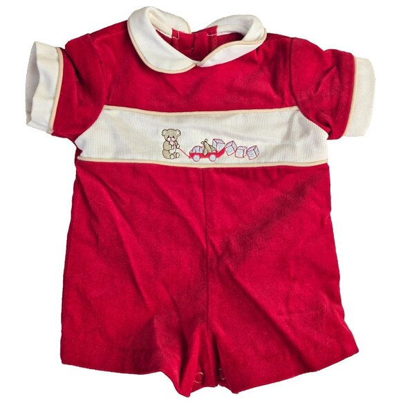Fawn Togs Other - Vintage Fawn Togs Baby Romper 6M Red Velour Teddy Toy Cars USA 70s 80s One Piece